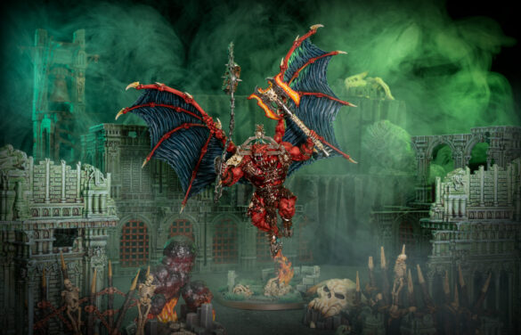 A Red demonic bloodthirster rampages through a ruined city