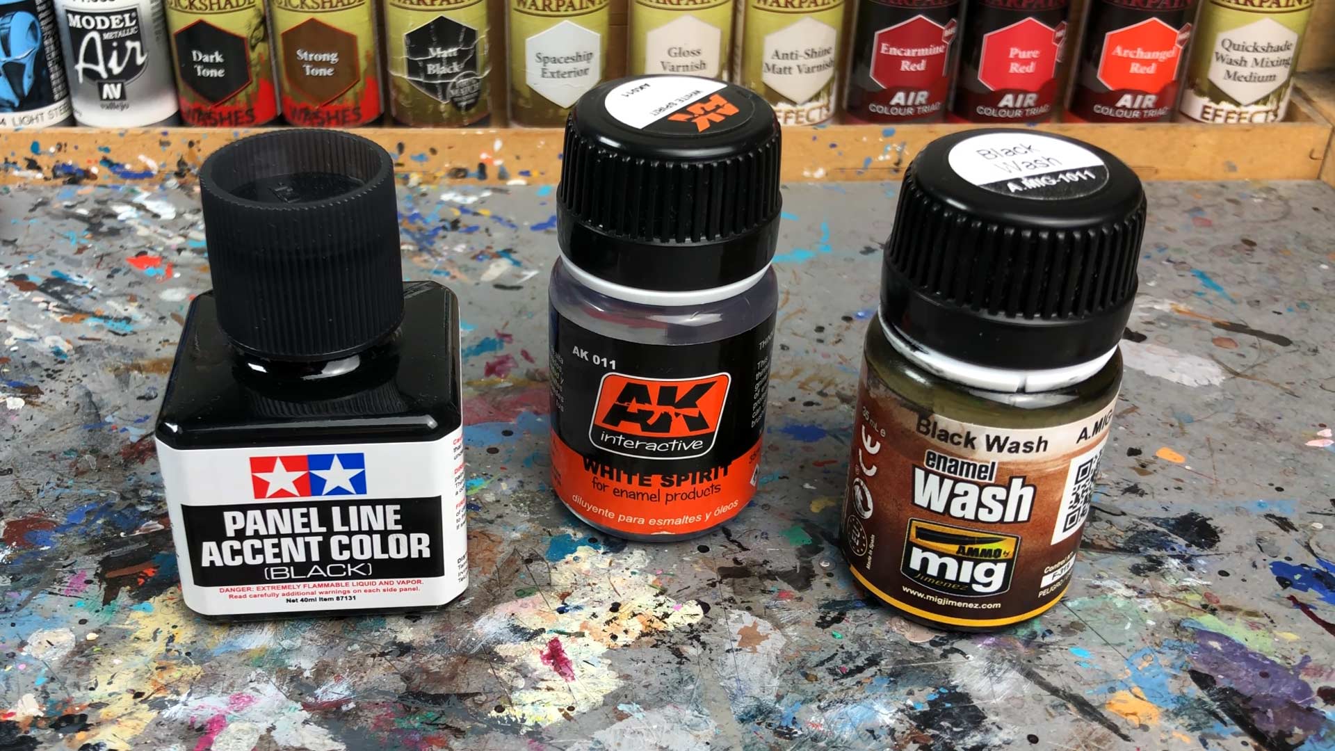 Tamiya Panel Line Accent Color, White Spirit, and MIG Enamel Wash
