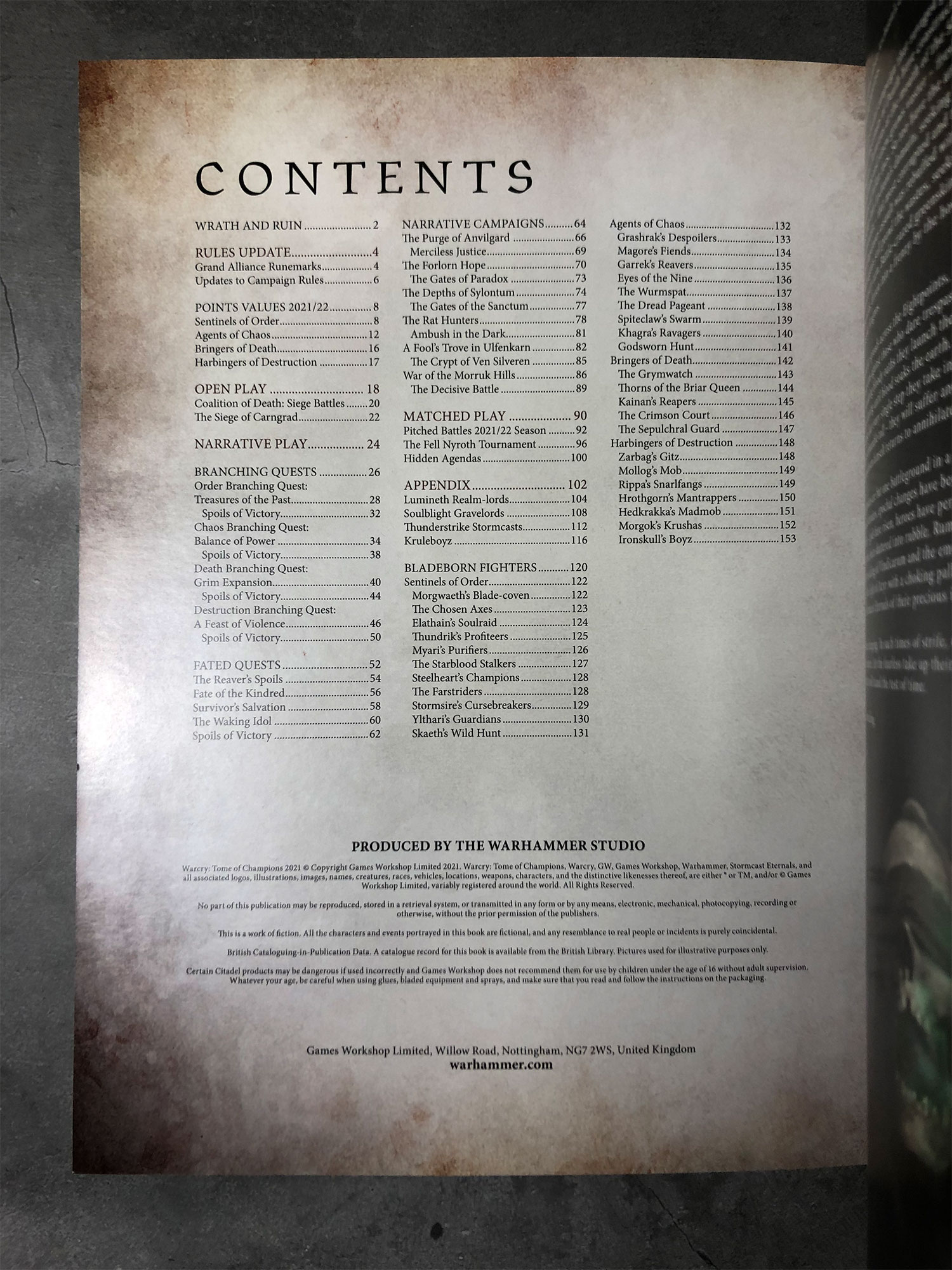 Review: WarCry Tome of Champions 2021 Contents page