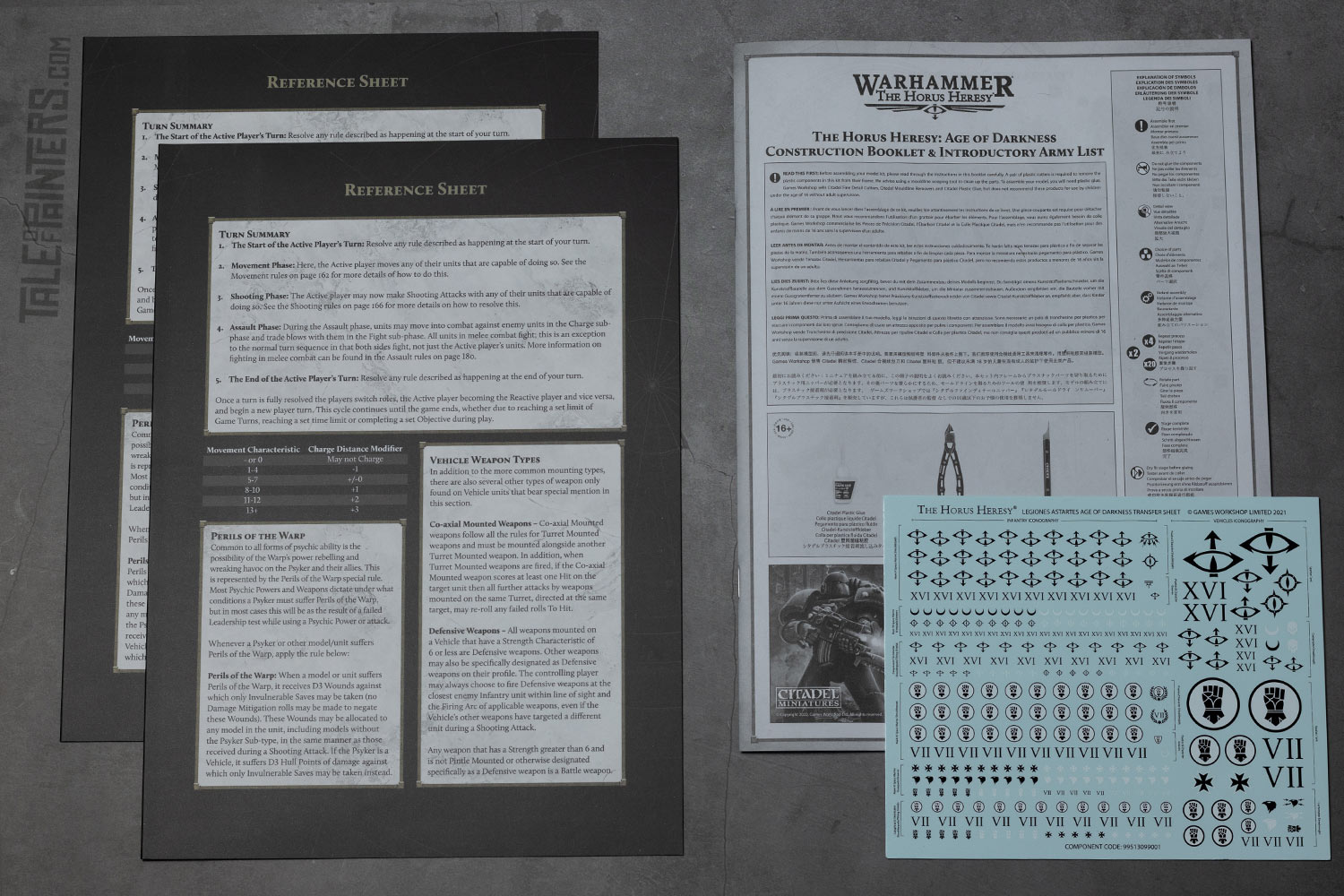 Age of Darkness reference sheets, assembly guide, transfers