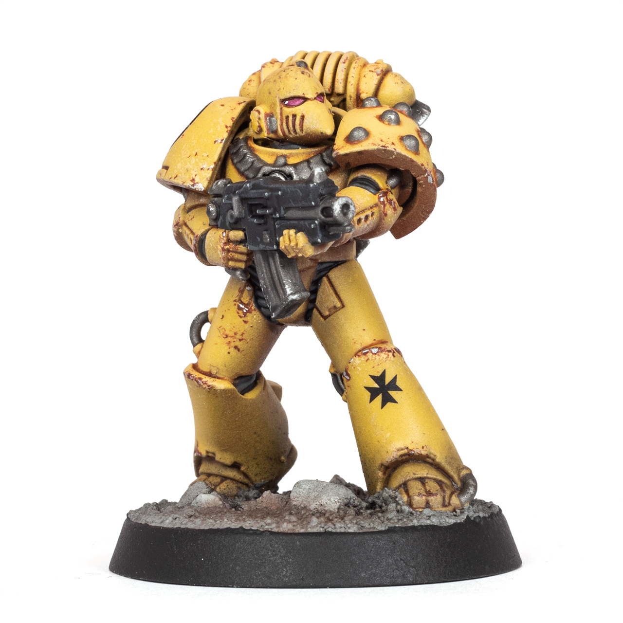 Horus Heresy era Imperial Fist in MkVI Corvus armour front, painted by Stahly