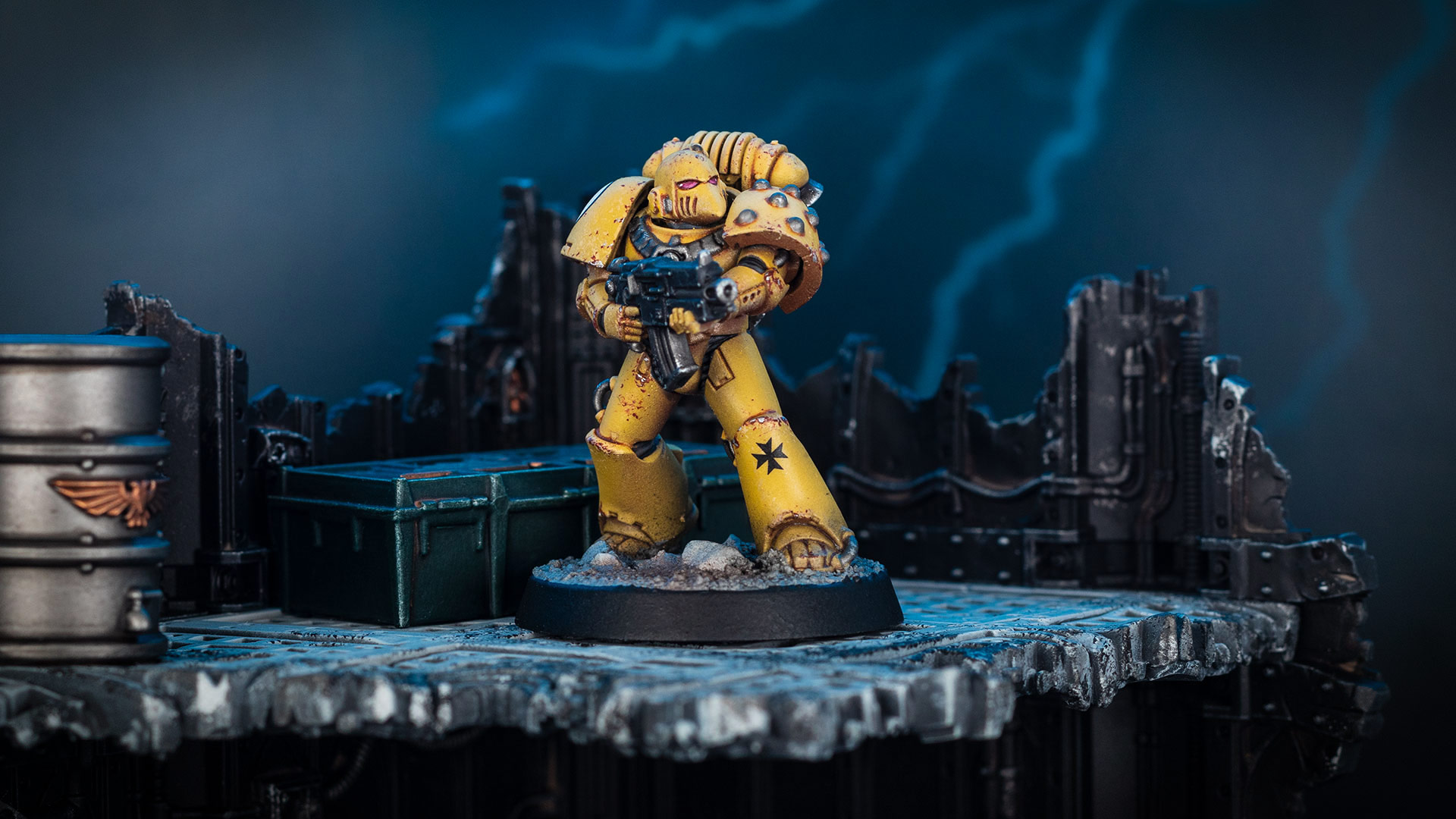 Cinematic shot of a Horus Heresy era Imperial Fist in MkVI Corvus armour, painted by Stahly