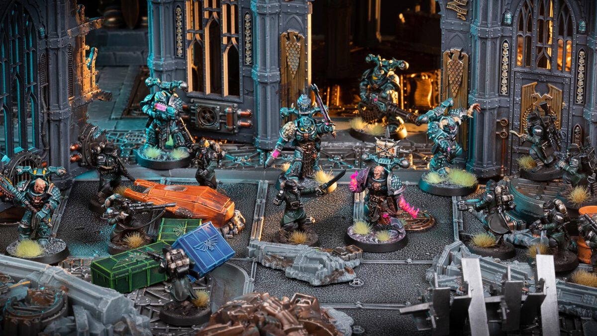 Cinematic shot of Alpha Legion fighting Death Korps of Krieg in a game of Kill Team