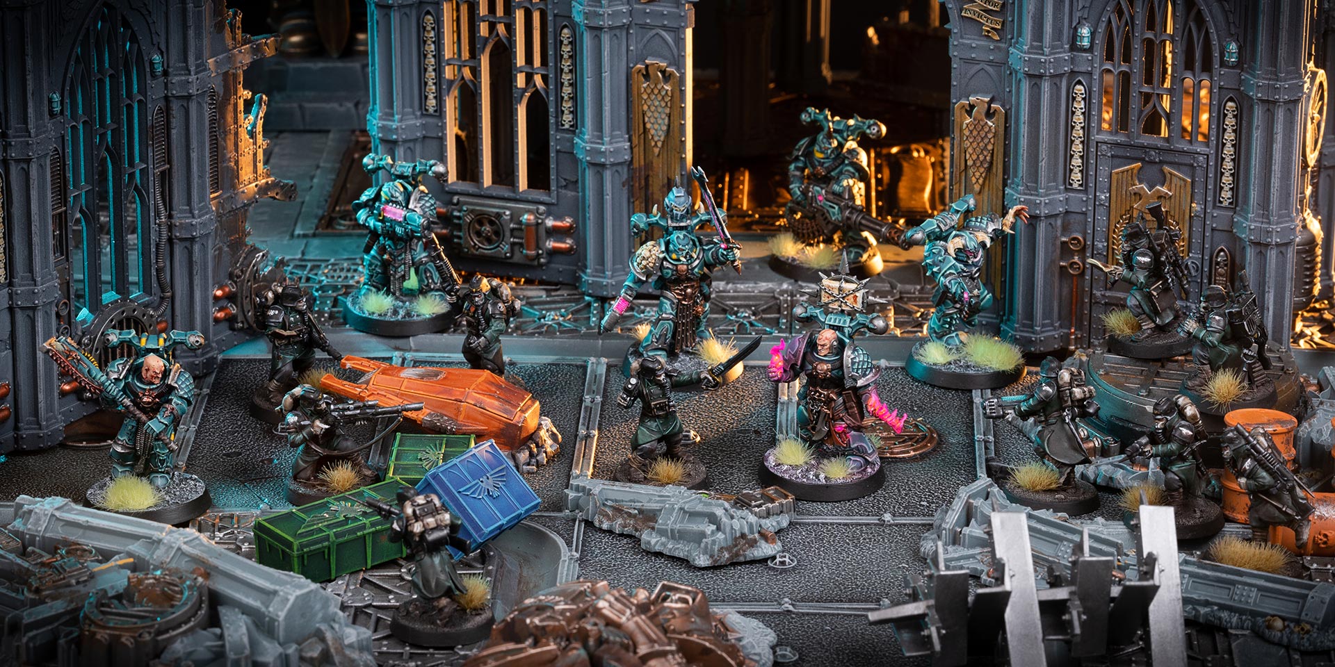 Cinematic shot of Alpha Legion fighting Death Korps of Krieg in a game of Kill Team