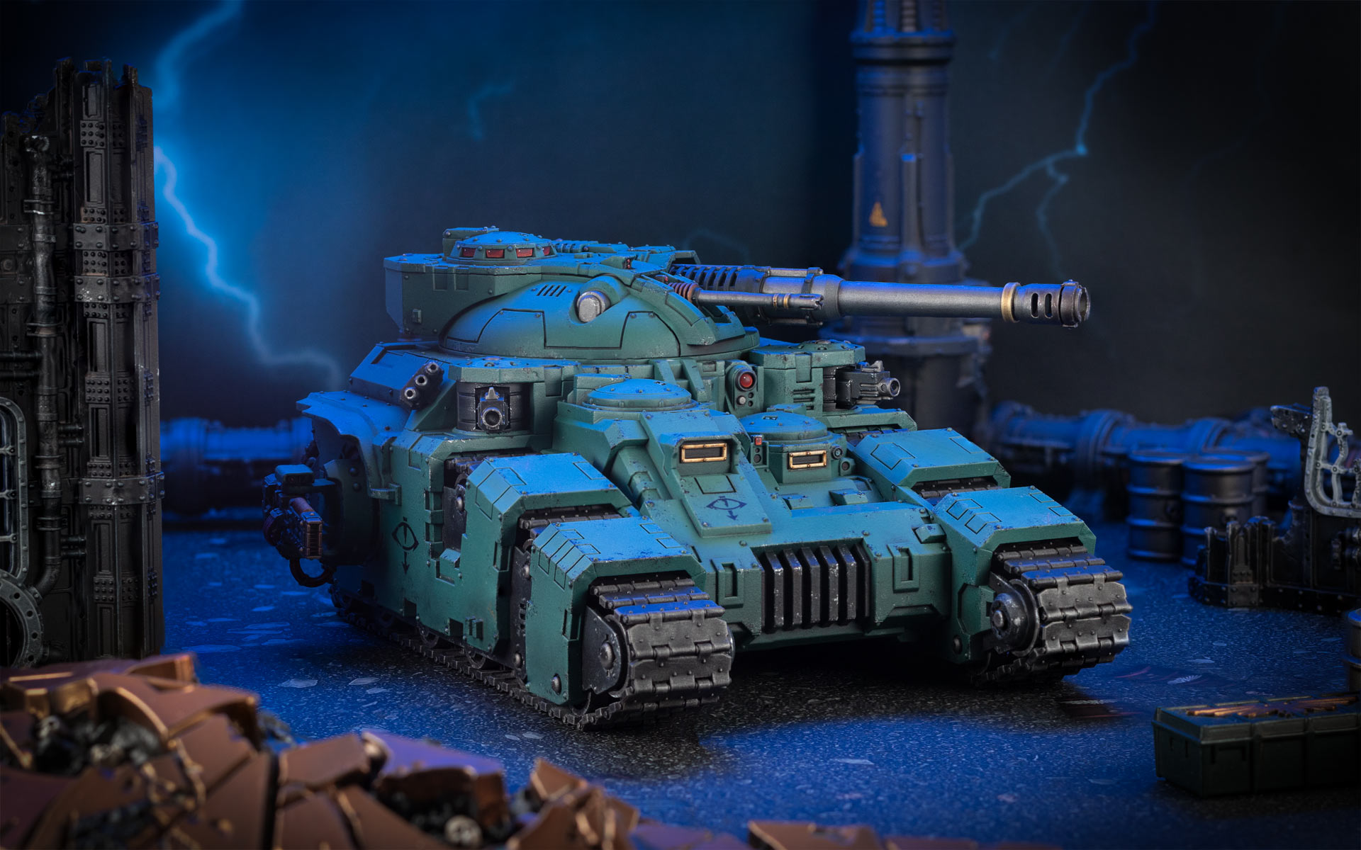 Cinematic shot of a Sons of Horus Kratos Heavy Assault Tank painted by Stahly