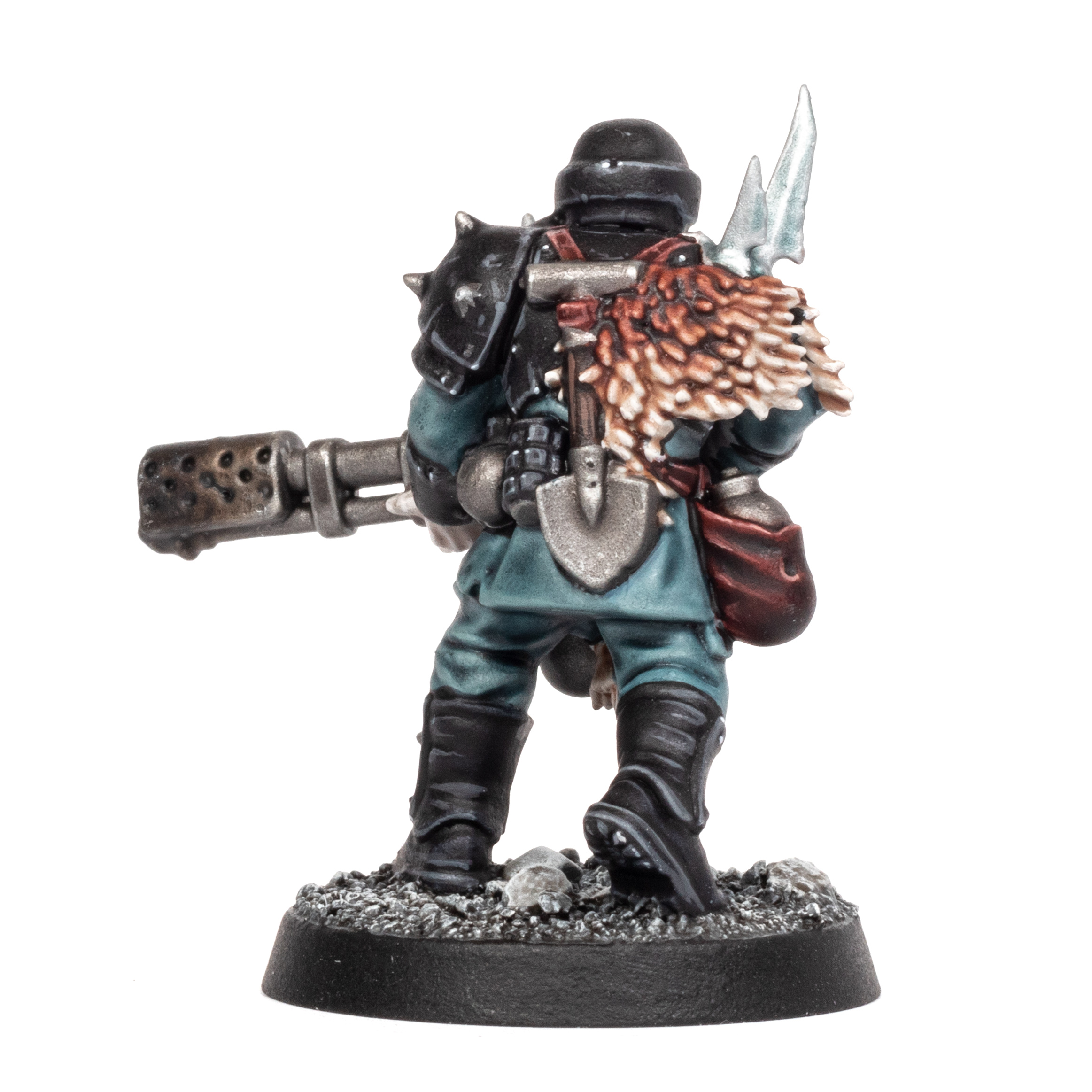 Traitor Guardsman with Flamer from Warhammer Quest: Blackstone Fortress, back view, painted by Stahly