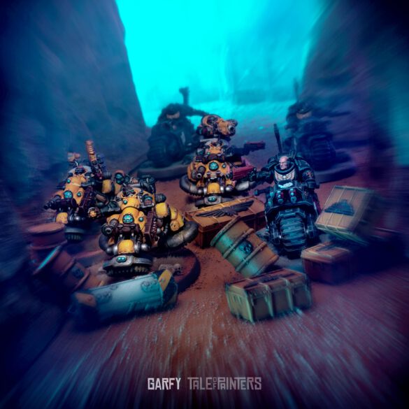 Cinematic shot of Hernkyn Pioneer bikes clashing with a Primaris Chaplain on bike in a high-velocity battle in a blue lit gorge