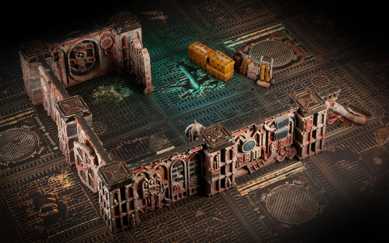 Kill Team: Into the Dark Gallowdark Space Hulk terrain elements photographed on the gaming board