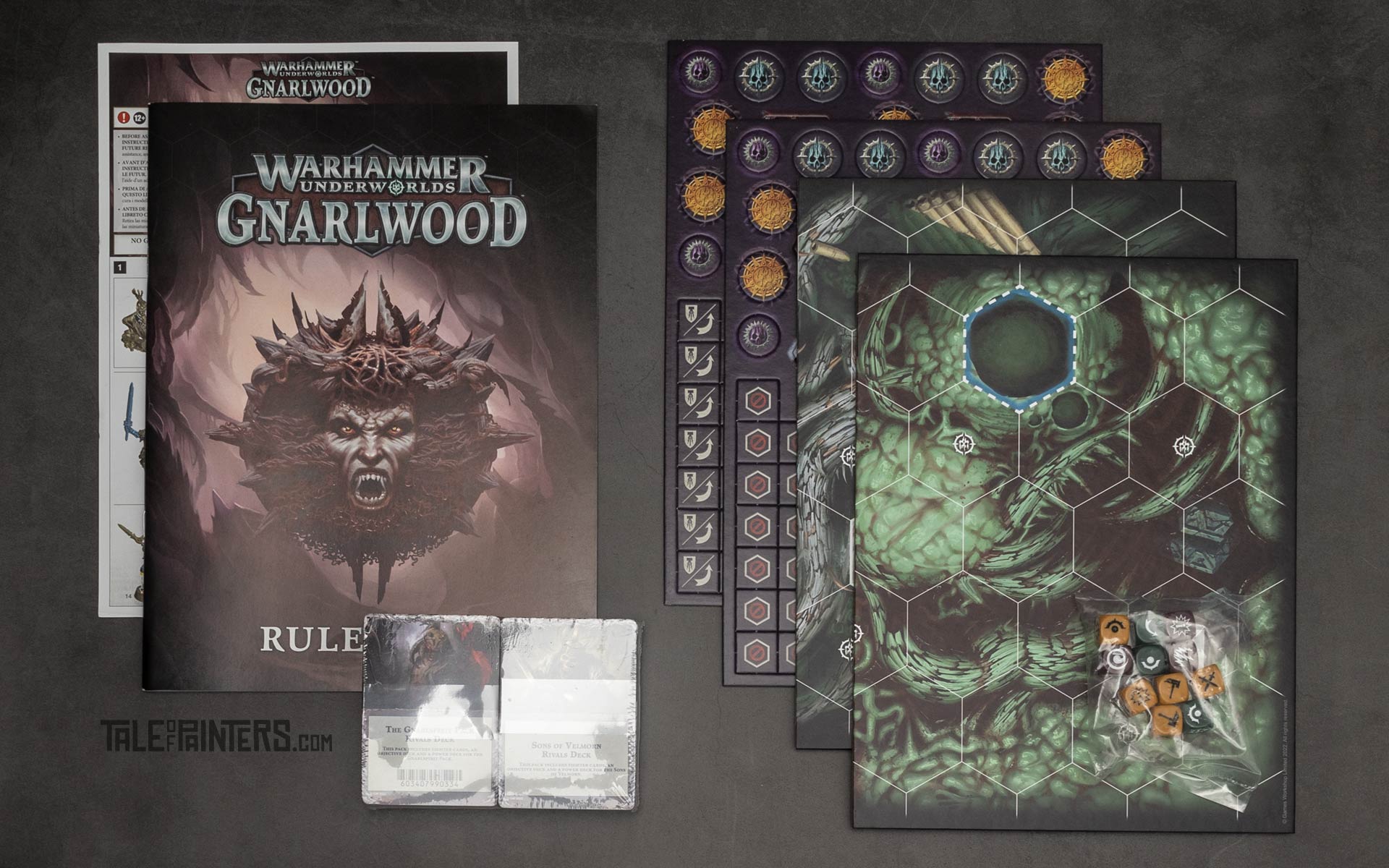 Warhammer Underworlds: Gnarlwood rulebook, tokens, game boards, decks and dice