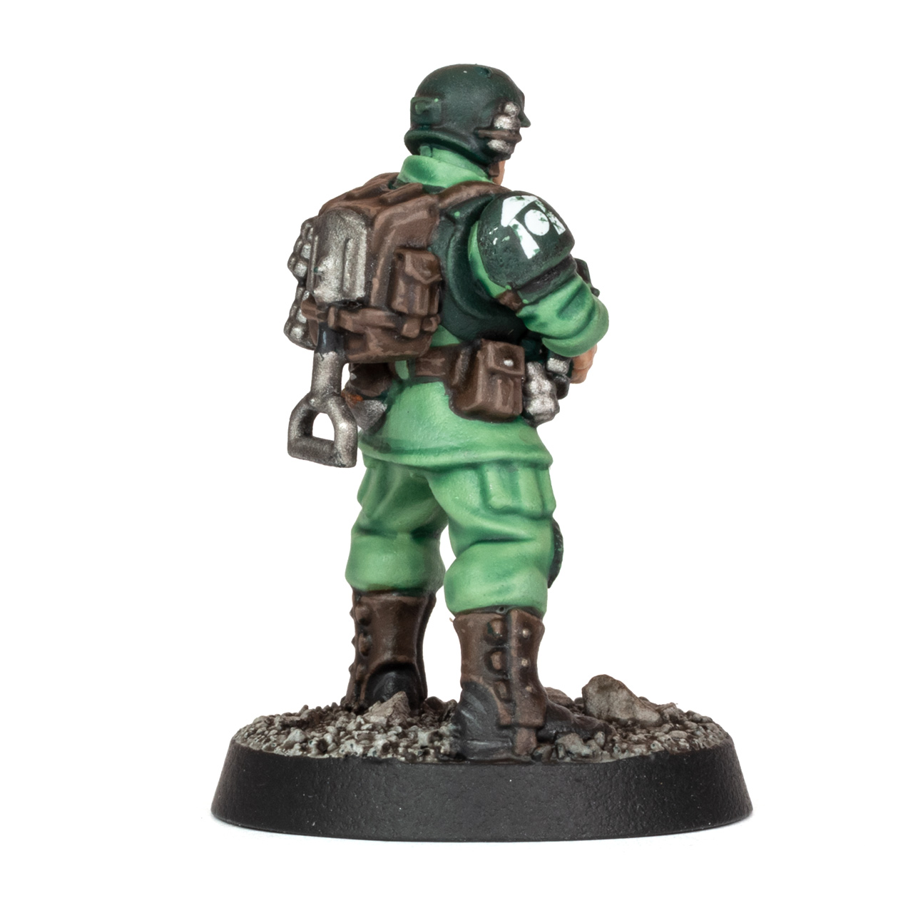 Back view of a new plastic Cadian Shock Trooper painted by Stahly in green