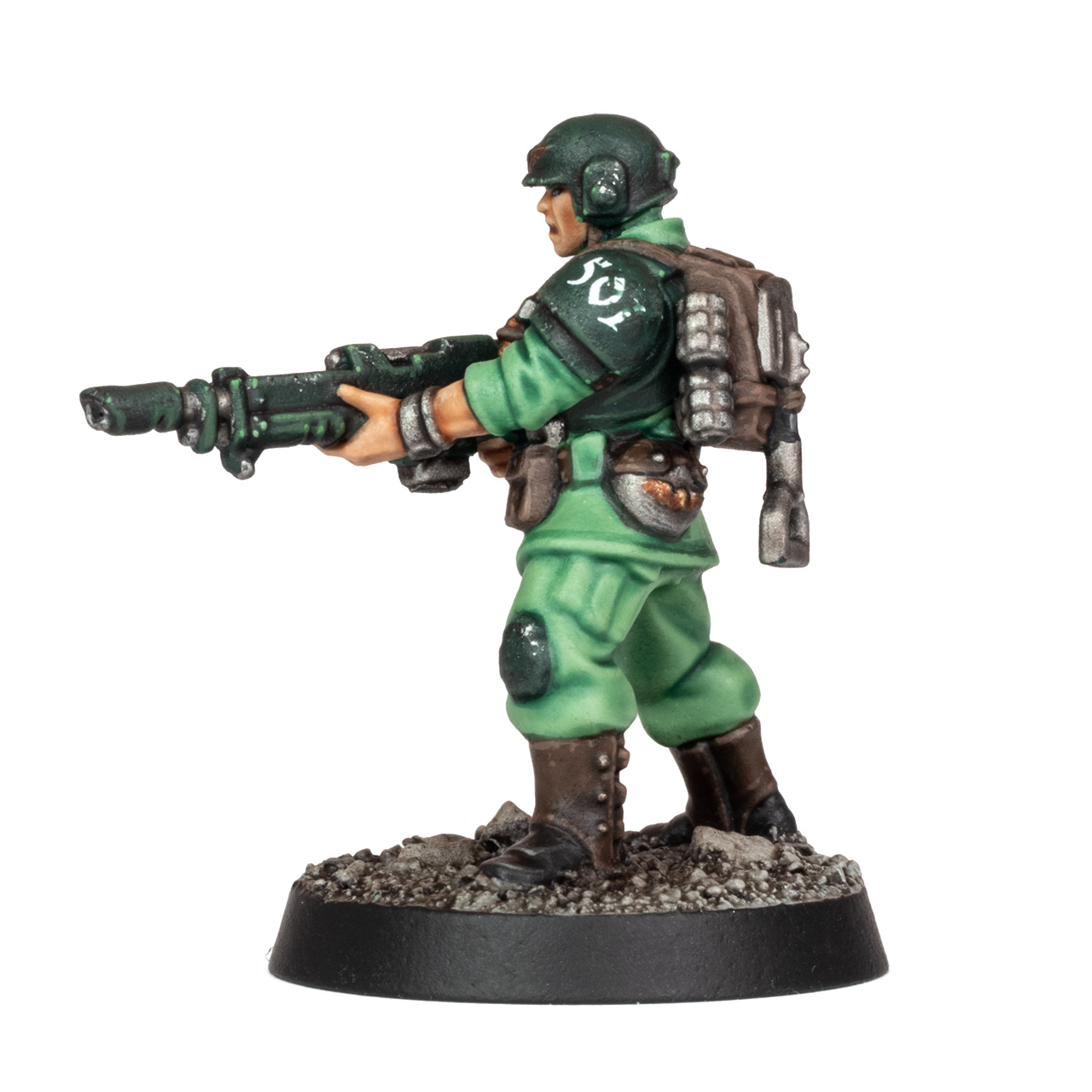 Side view of a new plastic Cadian Shock Trooper painted by Stahly in green