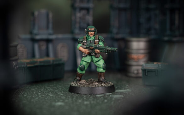 Cinematic shot of a new plastic Cadian Shock Trooper painted by Stahly