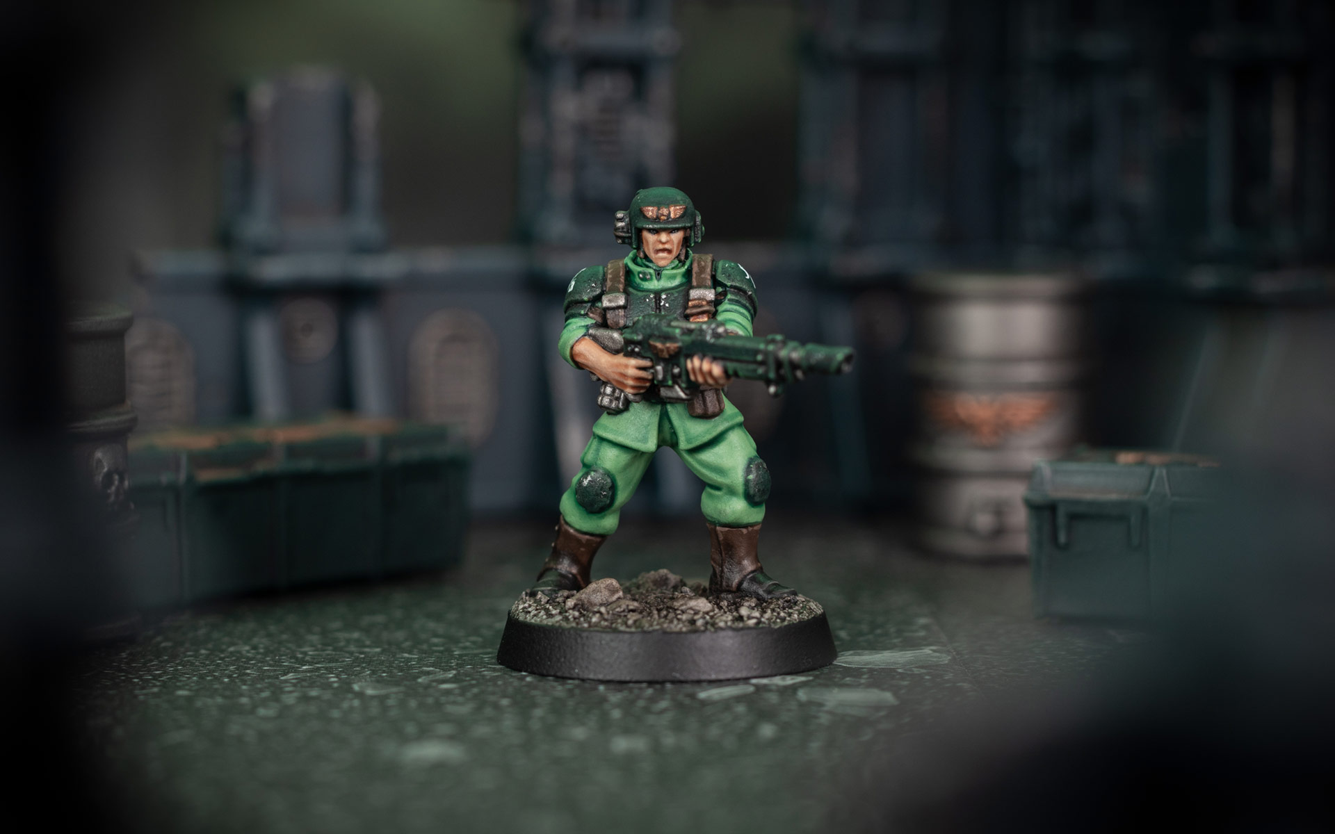 Cinematic shot of a new plastic Cadian Shock Trooper painted by Stahly