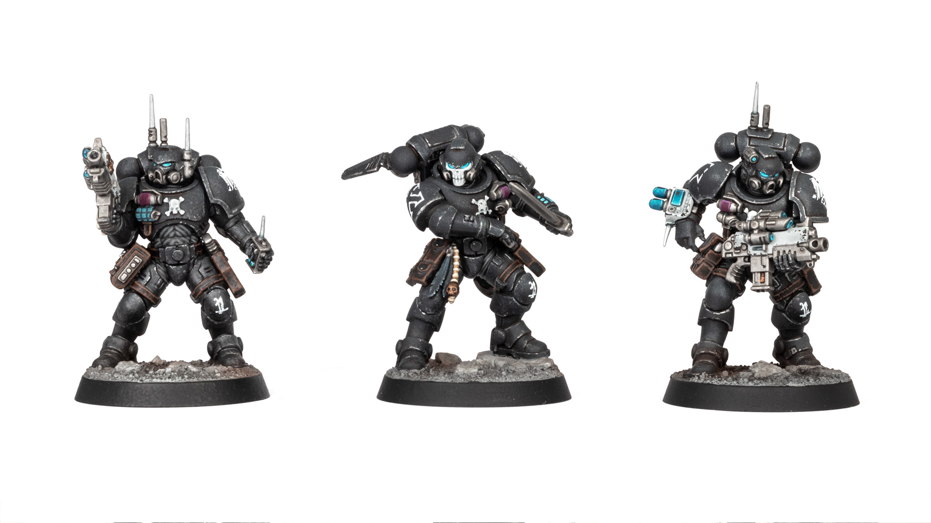 Raven Guard Primaris Phobos Strike Team Infiltrator Saboteur,  Reiver Sergeant, Veteran, and Helix Adept, painted by Stahly