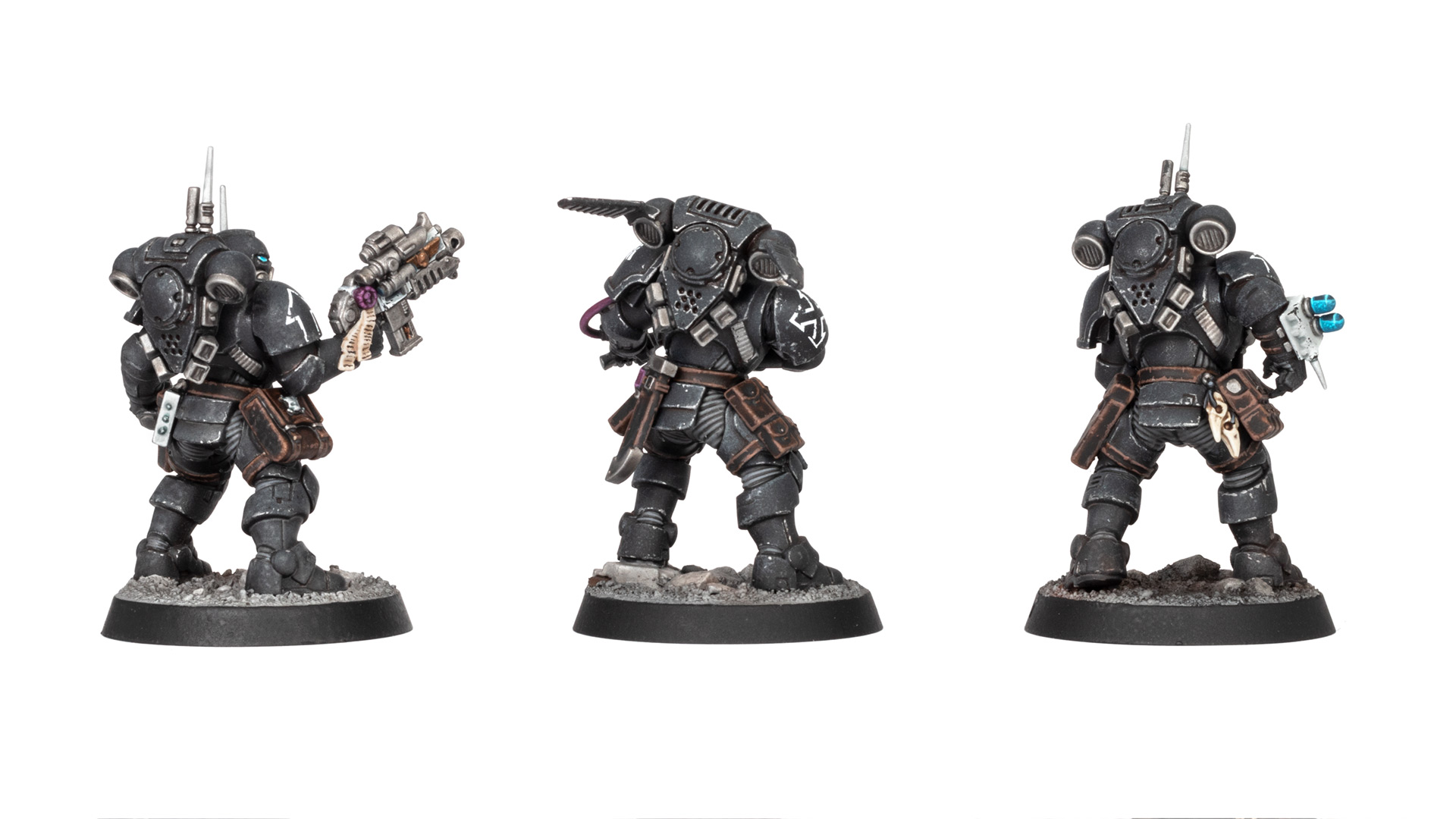 Raven Guard Primaris Phobos Strike Team Infiltrator Saboteur,  Reiver Sergeant, Veteran, and Helix Adept, back view, painted by Stahly