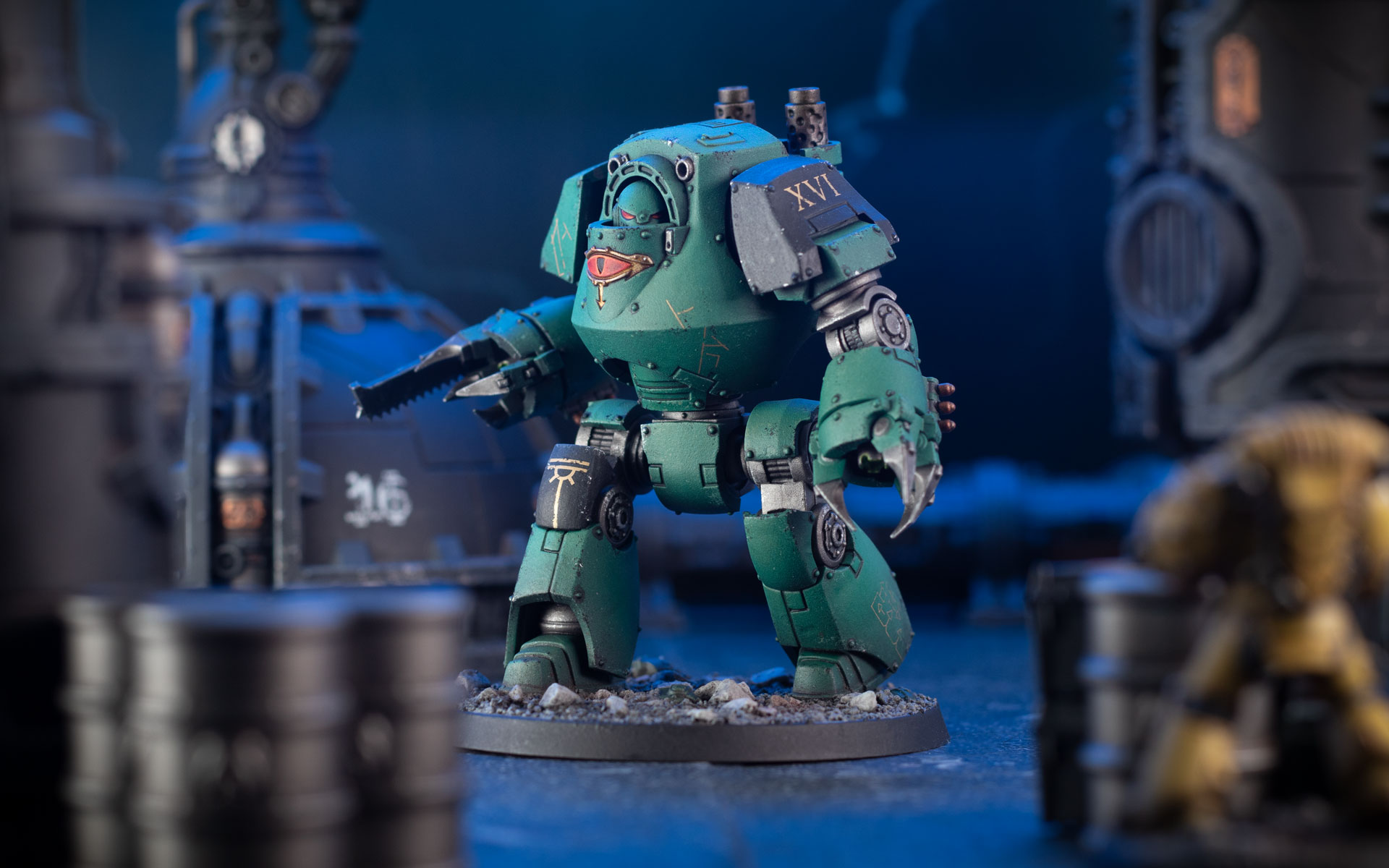 Cinematic shot of a Sons of Horus Contemptor Dreadnought with close combat weapons painted by Stahly