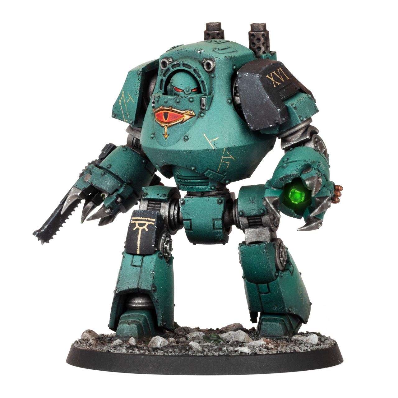 Sons of Horus Contemptor Dreadnought with close combat weapons painted by Stahly, front