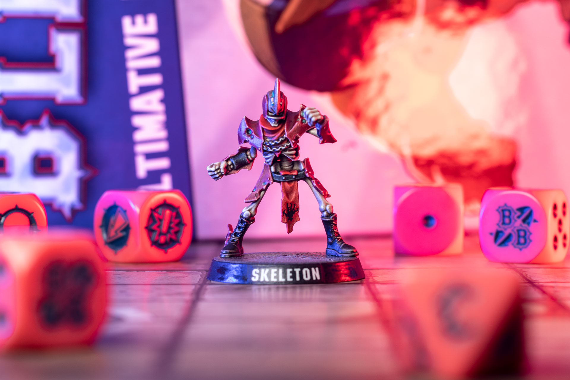 Cinematic shot of a Blood Bowl Skeleton with some dice on the Blitz Bowl gaming board