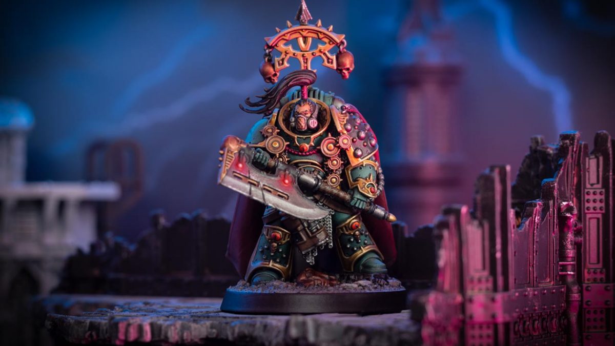 Cinematic moody shot of a Sons of Horus Praetor with double-handed axe