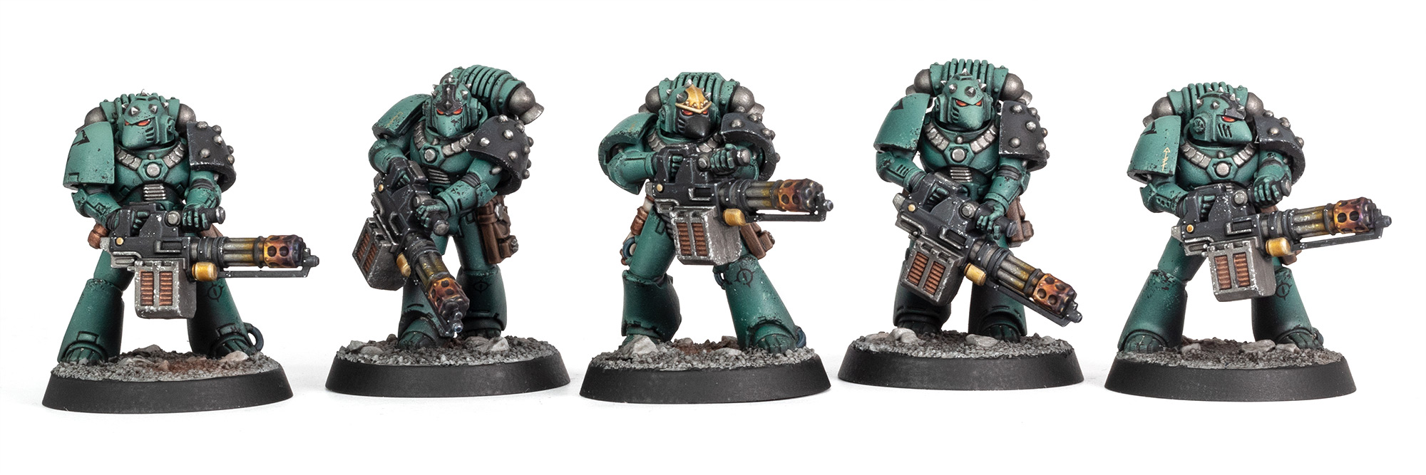 Front view of a Sons of Horus Tactical Support Squad with Rotor Cannons, painted by Stahly