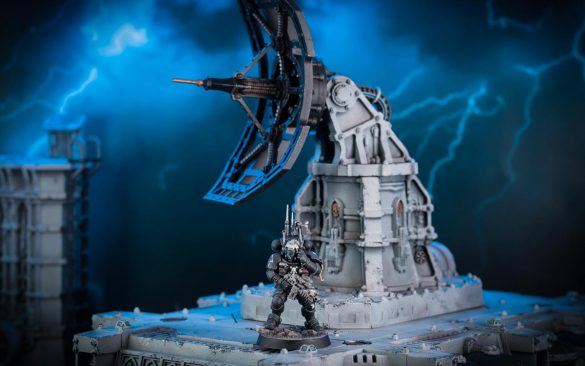 Cinematic shot of a Battlezone Fronteris Vox-antenna and Auspex Shrine painted by Stahly
