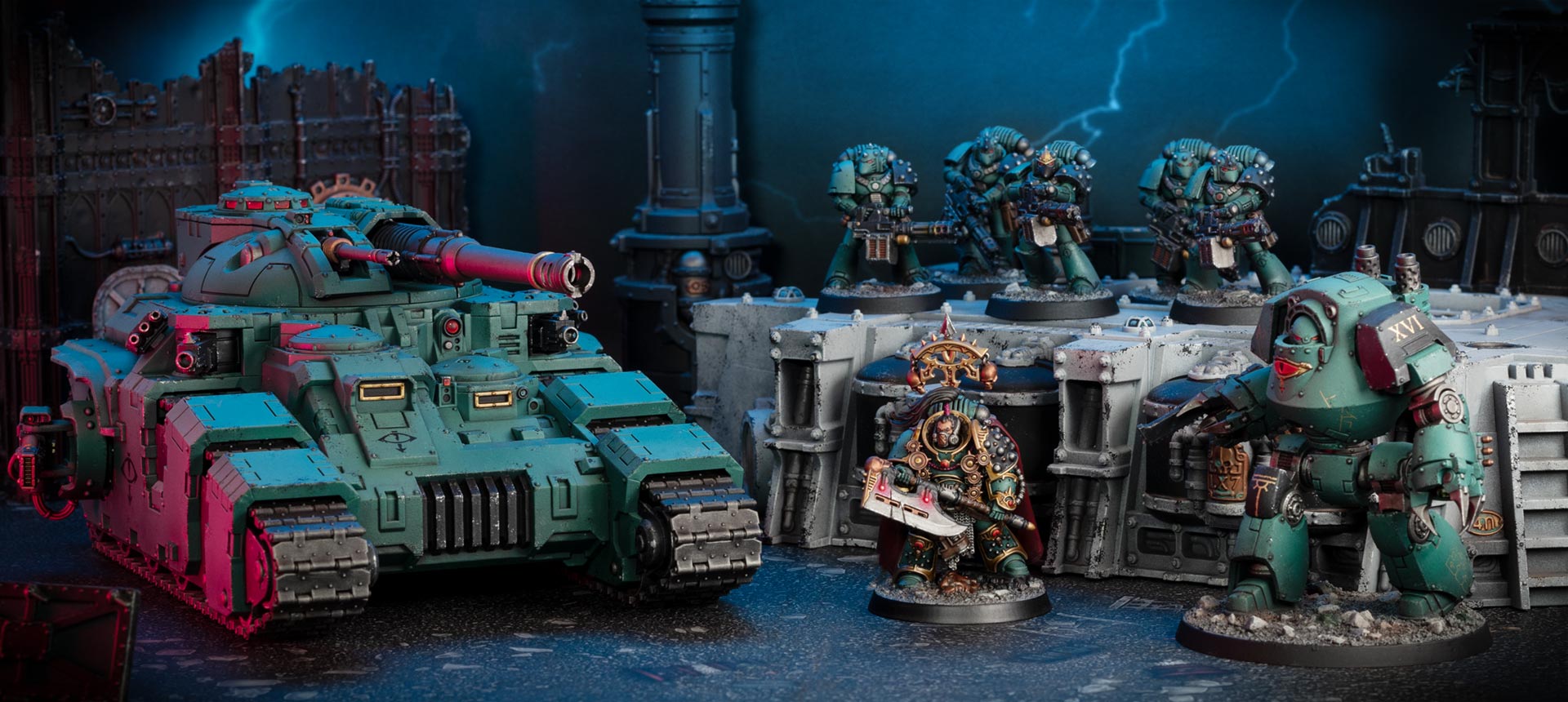 Cinematic shot of a small Sons of Horus army, consisting of a Kratos tank, Tactical Support Squad, Praetor, and Contemptor Dreadnought