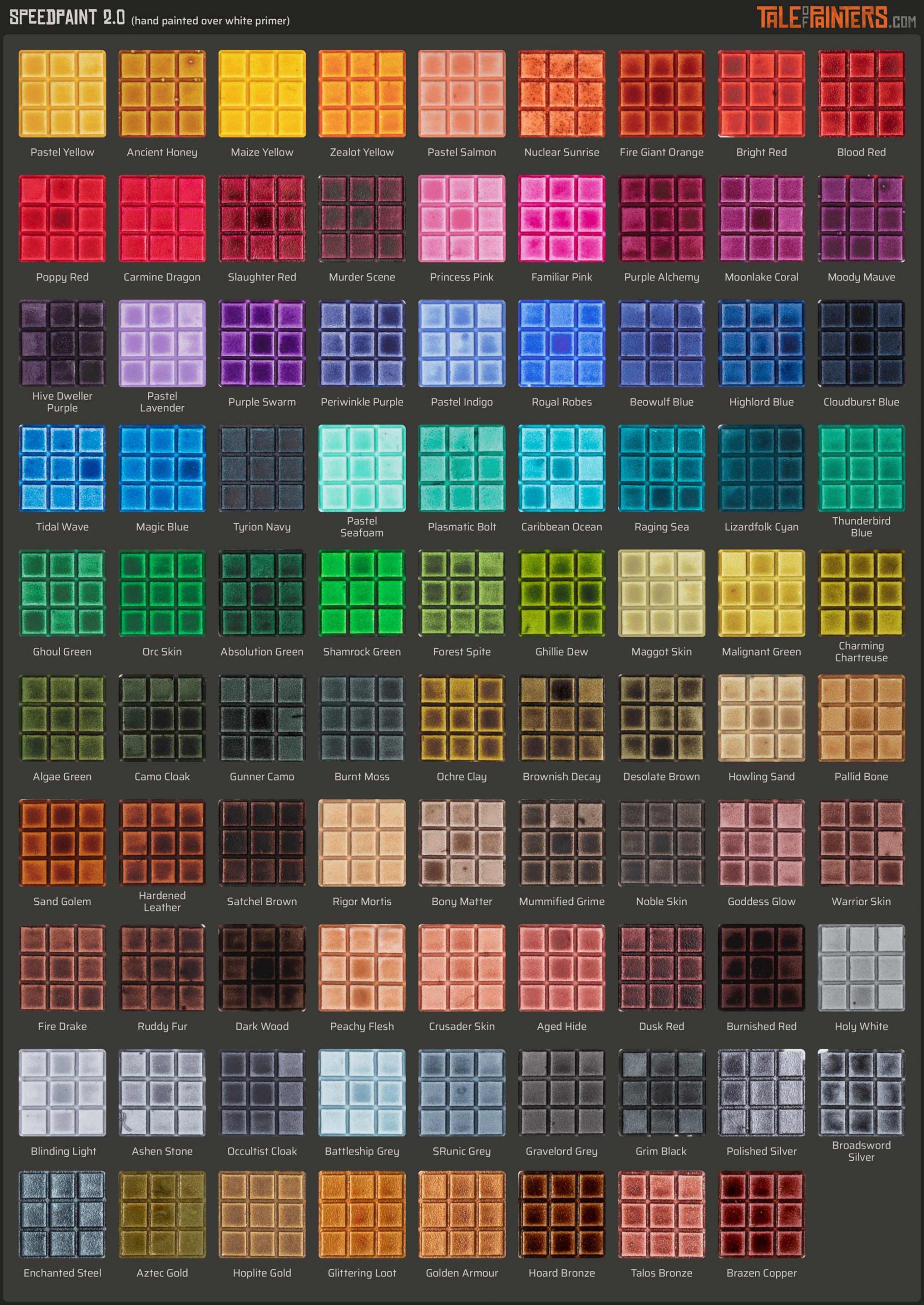 Hand-painted comparison chart of all 89 Speedpaint 2.0 colours from The Army Painter