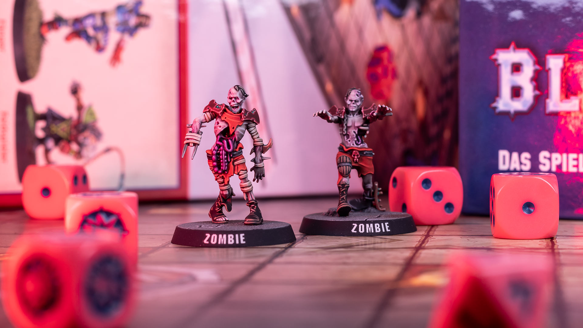 Cinematic shot of two Blood Bowl Zombie players and dice on a gaming board 