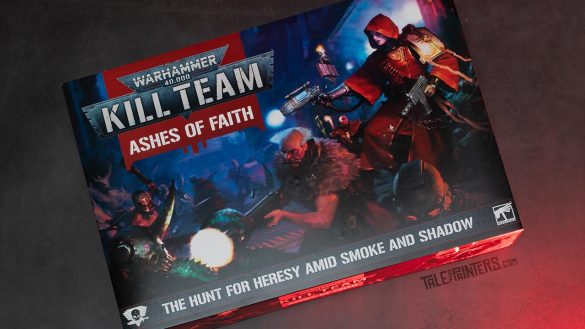 Unboxing of the Kill Team: Ashes of Faith box on a concrete background