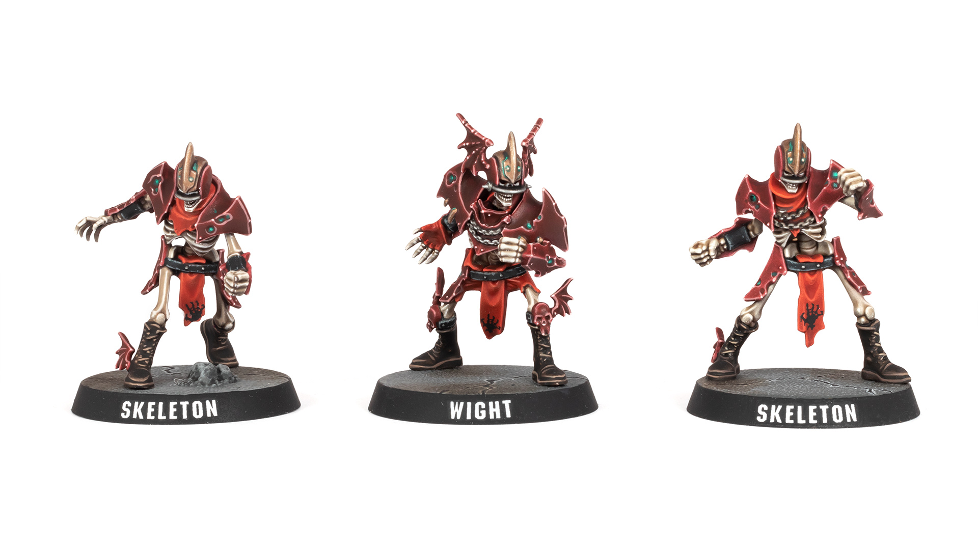 Blood Bowl Shambling Undead Skeletons and Wight on a white background, painted by Stahly