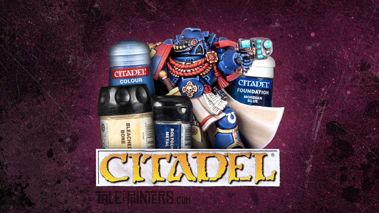 Collage of Citadel paint pots from the 2000s and a Firstborn Ultramarines Captain