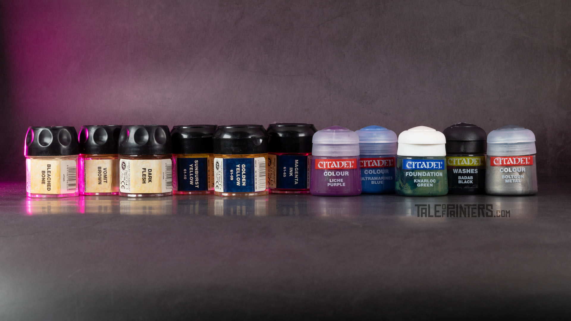 A variety of paint pots from the Citadel Colour 1998 - 2012 range
