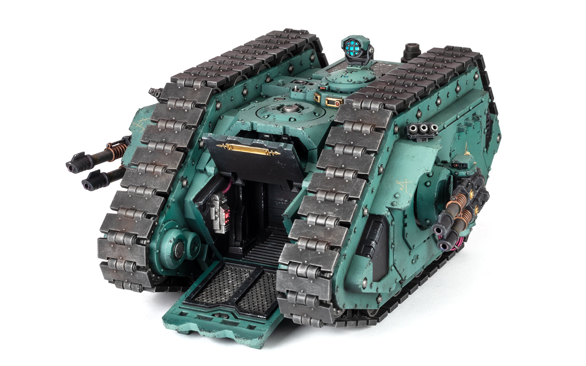 Sons of Horus Land Raider Proteus with an open front hatch, painted by Stahly