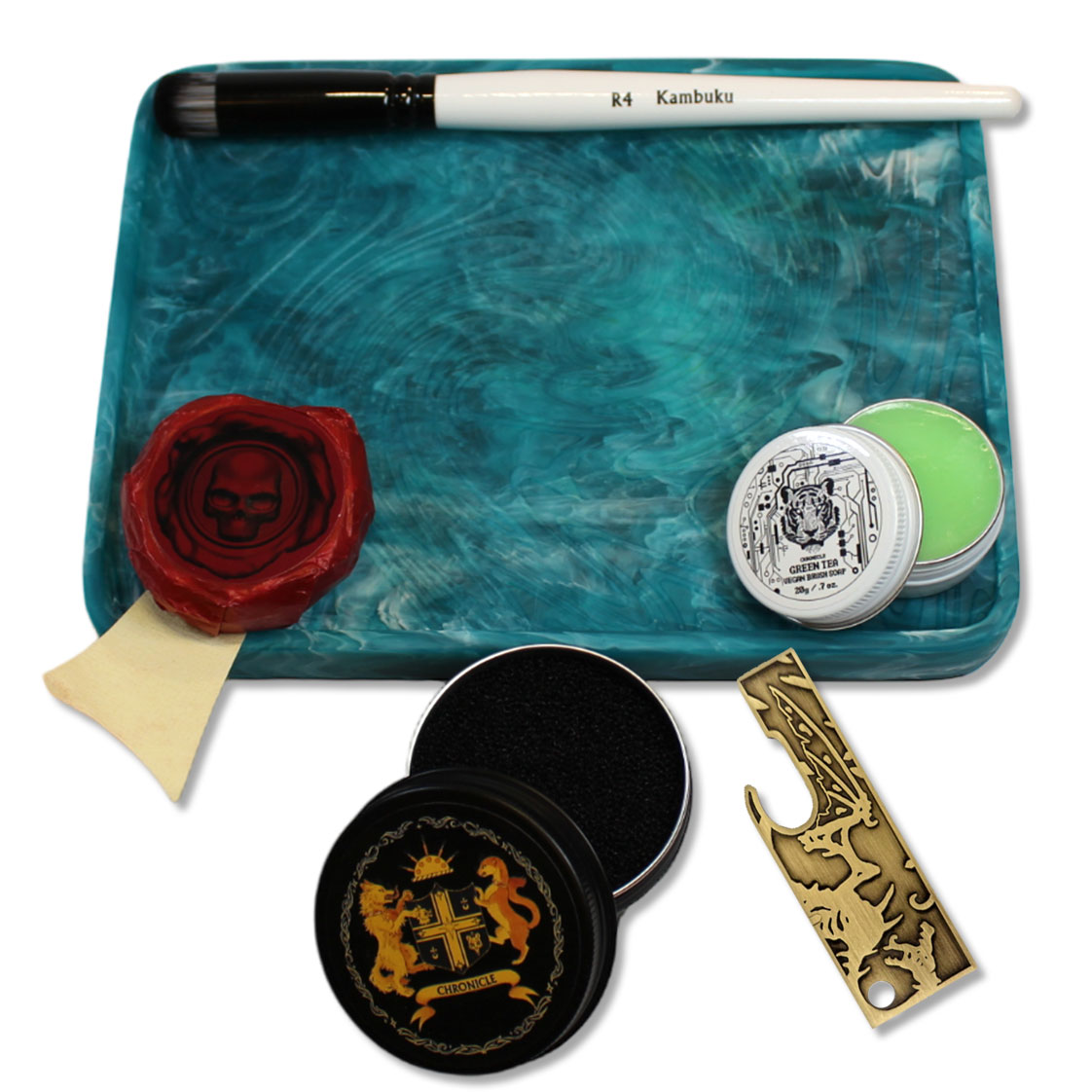 The accessories of Chronicle Cards Teflon Tiger Drybrushes Kickstarter campaign 