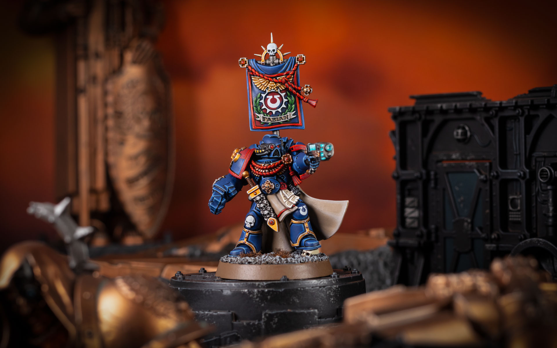 Cinematic shot of Captain Mikael Fabian from the Ultramarines 3rd Company, painted by Stahly