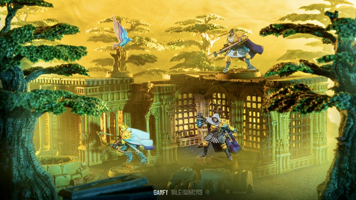 Cinematic shot of the Stormcast Eternals warband Xandire's Truthseekers, stalking through ruins in a lush forest setting