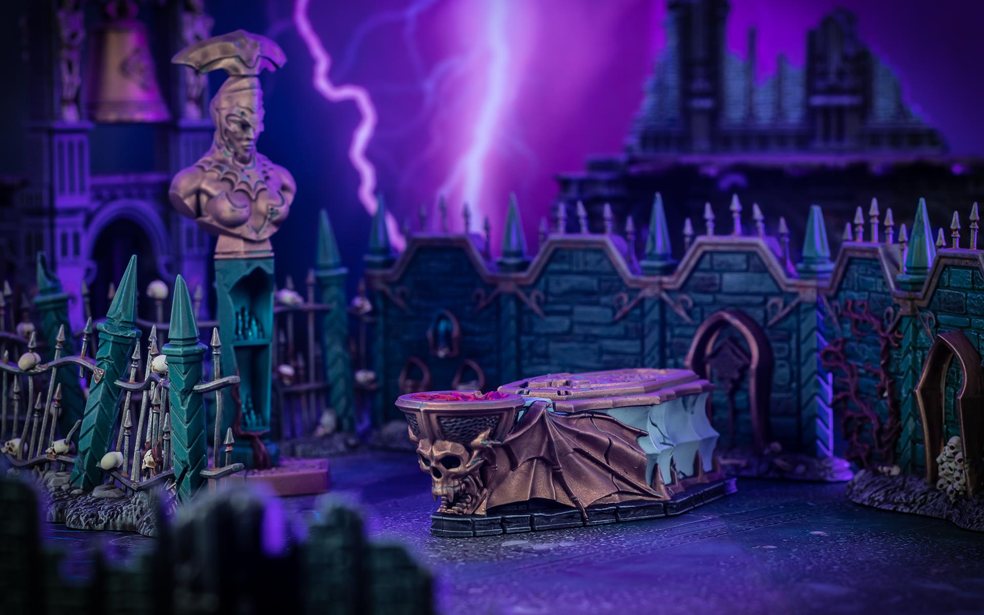 Cinematic shot of the Warcry: Crypt of Blood graveyard terrain