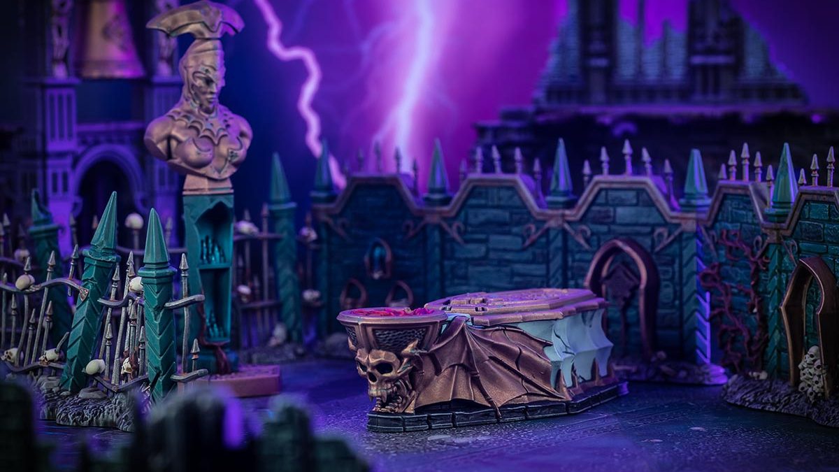 Cinematic shot of the Warcry: Crypt of Blood graveyard terrain