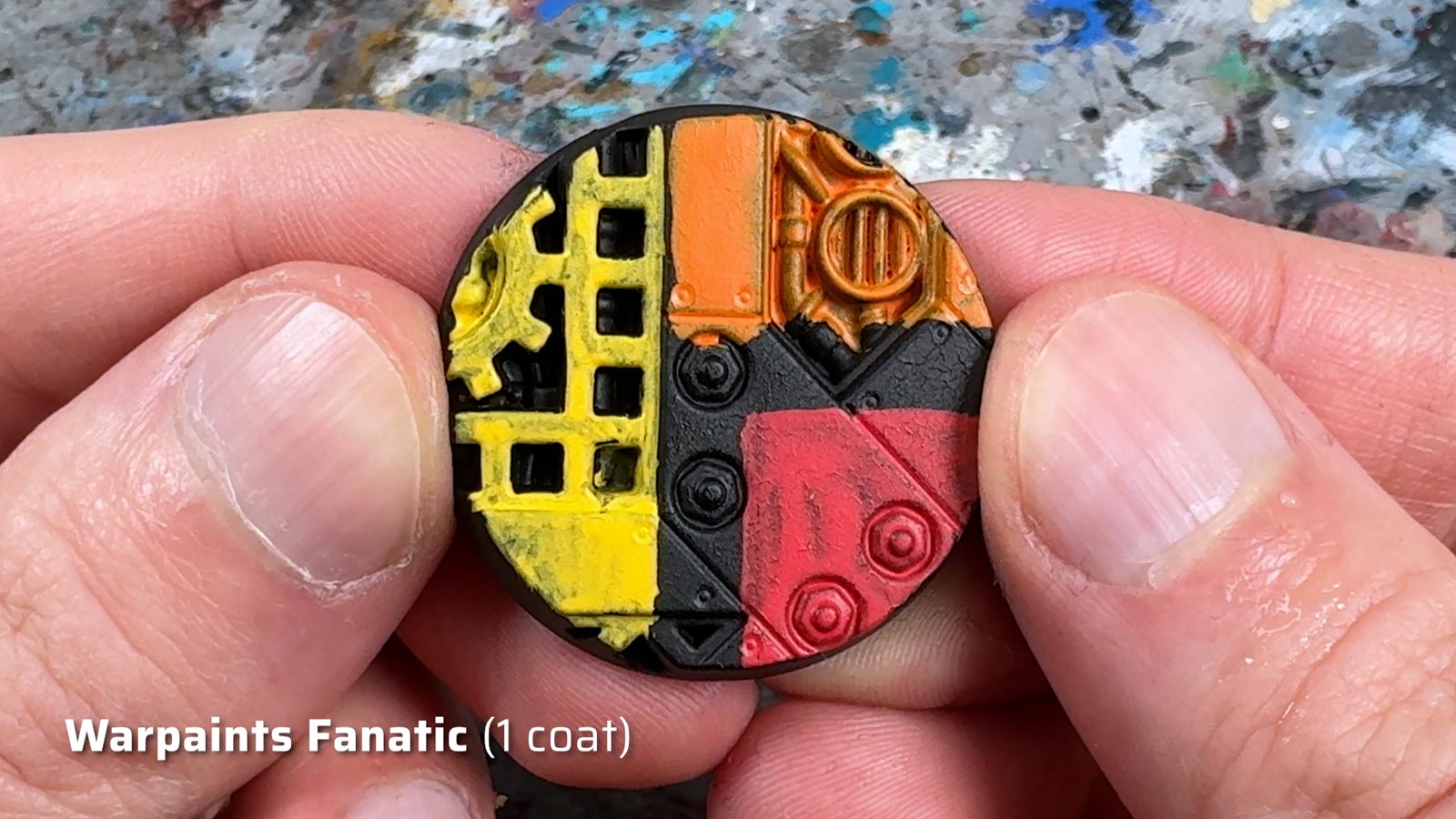 One Coat of Warpaints Fanatic yellow, orange, and red over black primer