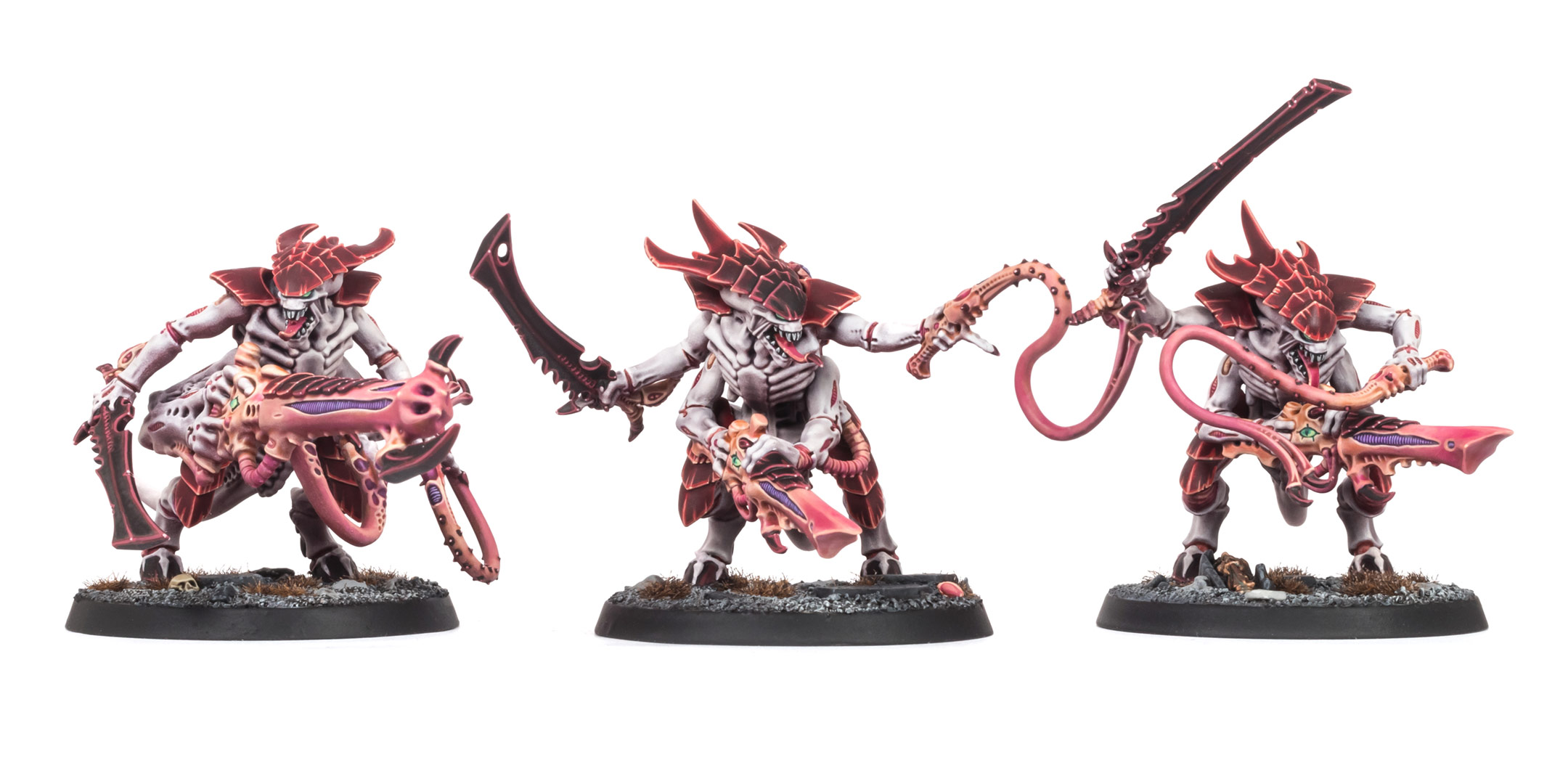 Group of 3 Hive Fleet Kraken Tyranid Warriors on white background, painted by Stahly
