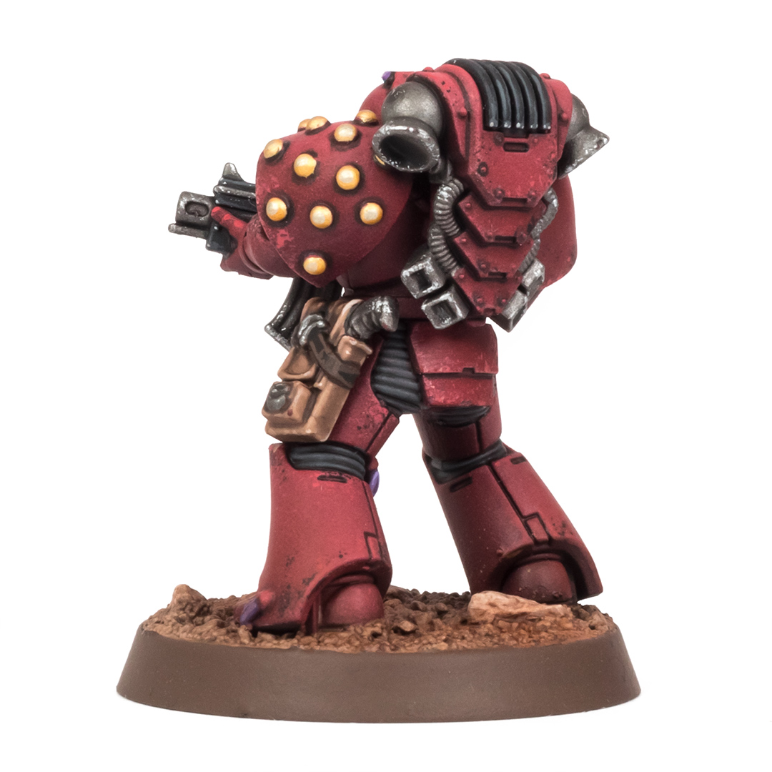 Back view of a Horus Heresy Blood Angel in MkVI armour, painted by Stahly