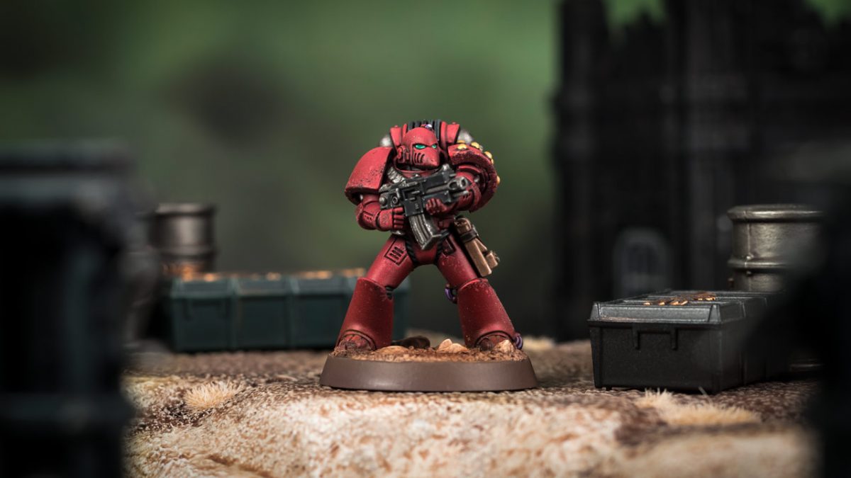 Cinematic shot of a Horus Heresy Blood Angel in MkVI armour, painted by Stahly