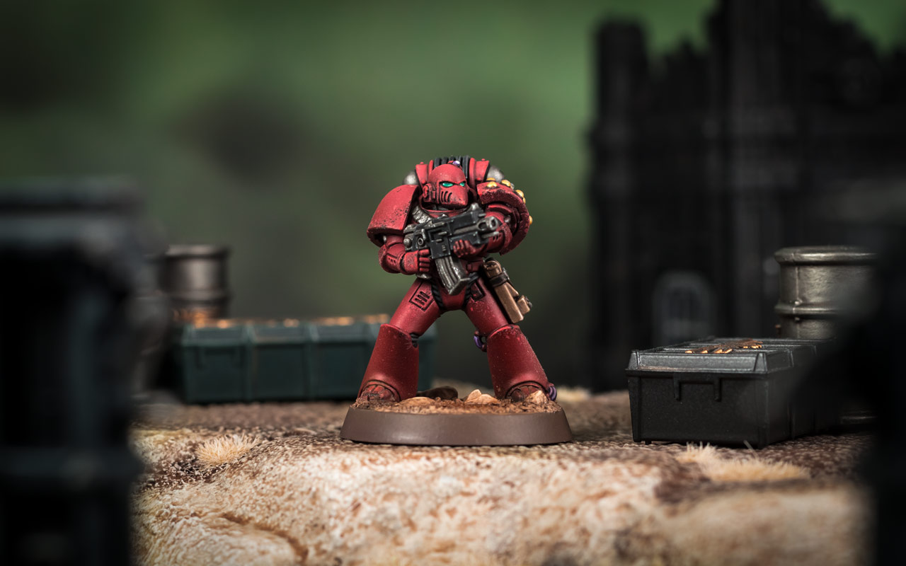 Cinematic shot of a Horus Heresy Blood Angel in MkVI armour, painted by Stahly