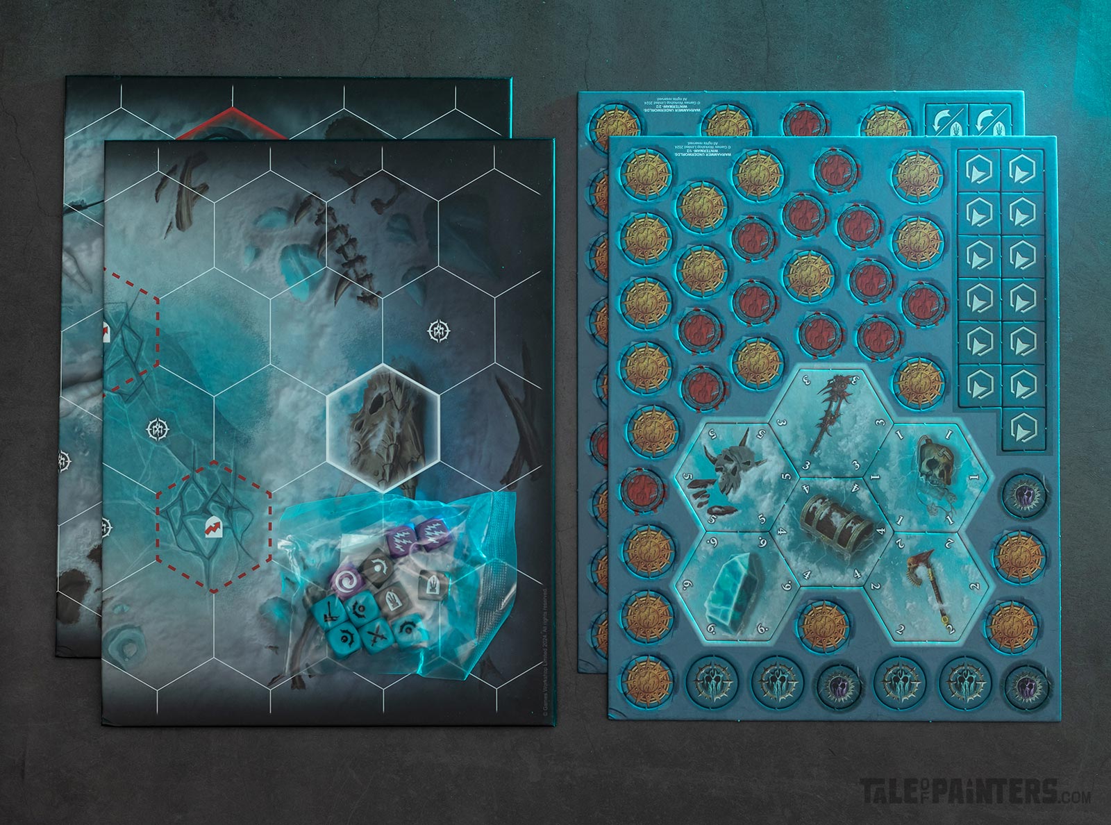 Warhammer Underworlds Wintermaw boards, tokens, and dice