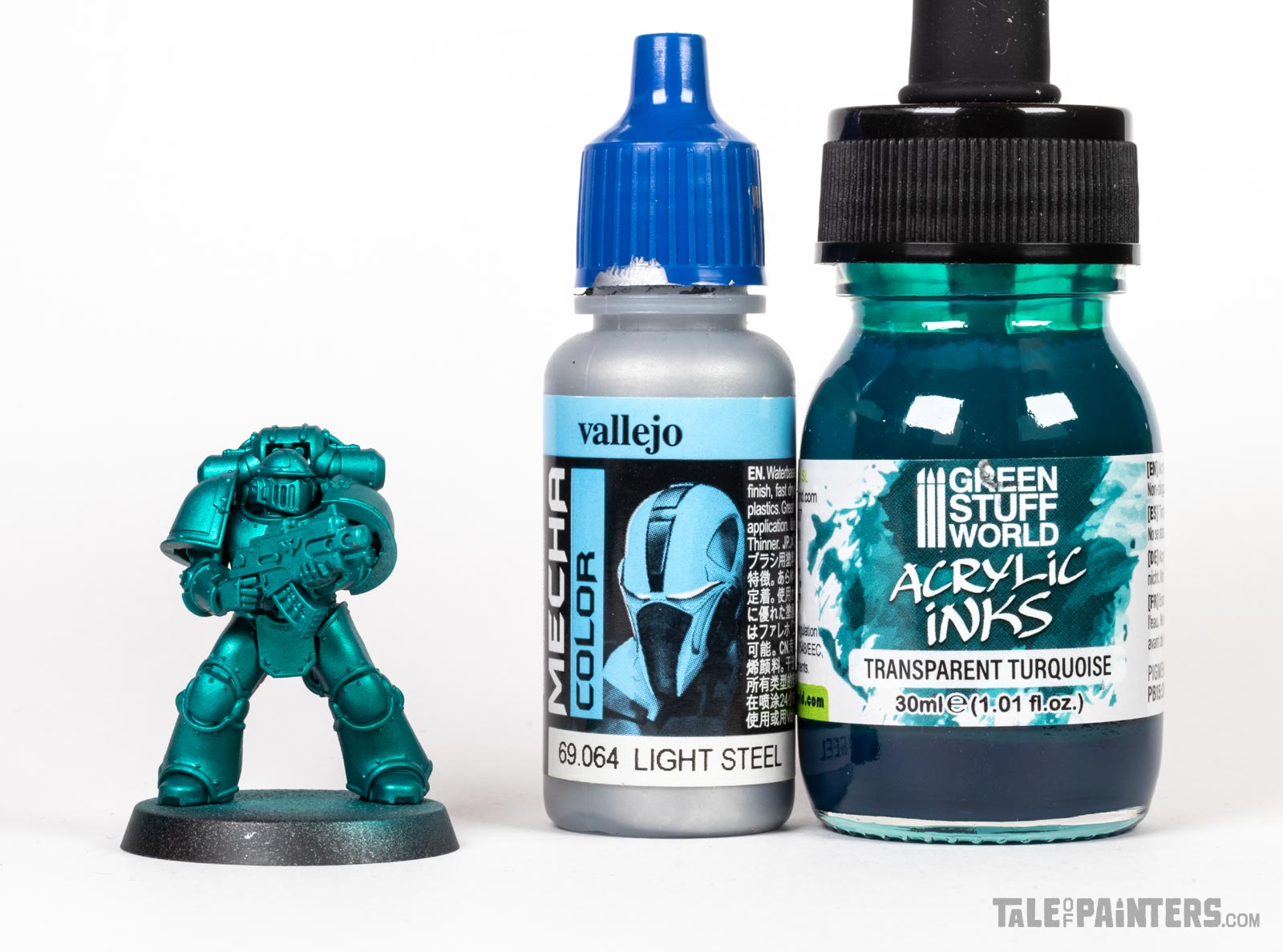 MkIII Marine primed with Vallejo Mecha Color Silver and sprayed with Green Stuff World Transparent Turquoise Ink