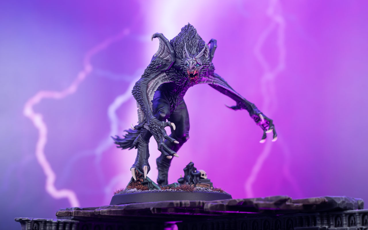 Cinematic shot of a Soulblight Gravelords Vargskyr on a purple background with lightning