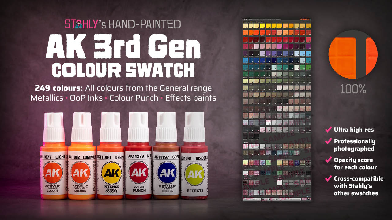 Banner for Stahly's hand-painted AK 3rd Gen colour swatch, graphic collage of text, paint bottles and colour swatch sample