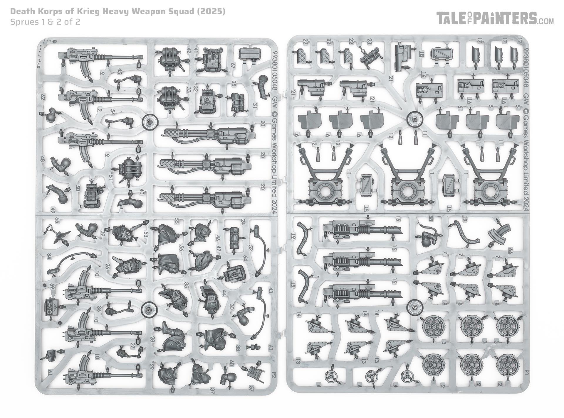 The Death Korps of Krieg Heavy Weapons Squad sprues on a white background, photographed for a review