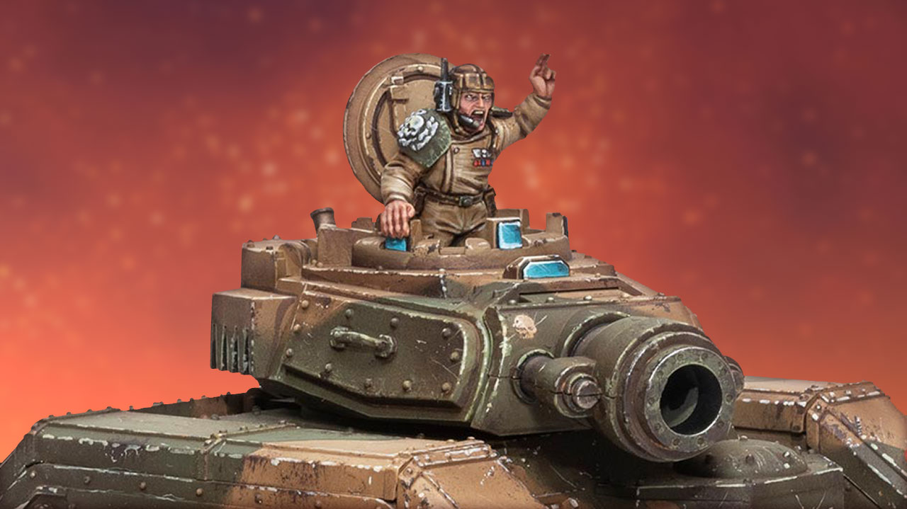 Detail shot of a Leman Russ tank commander in front of a dramatic red sky