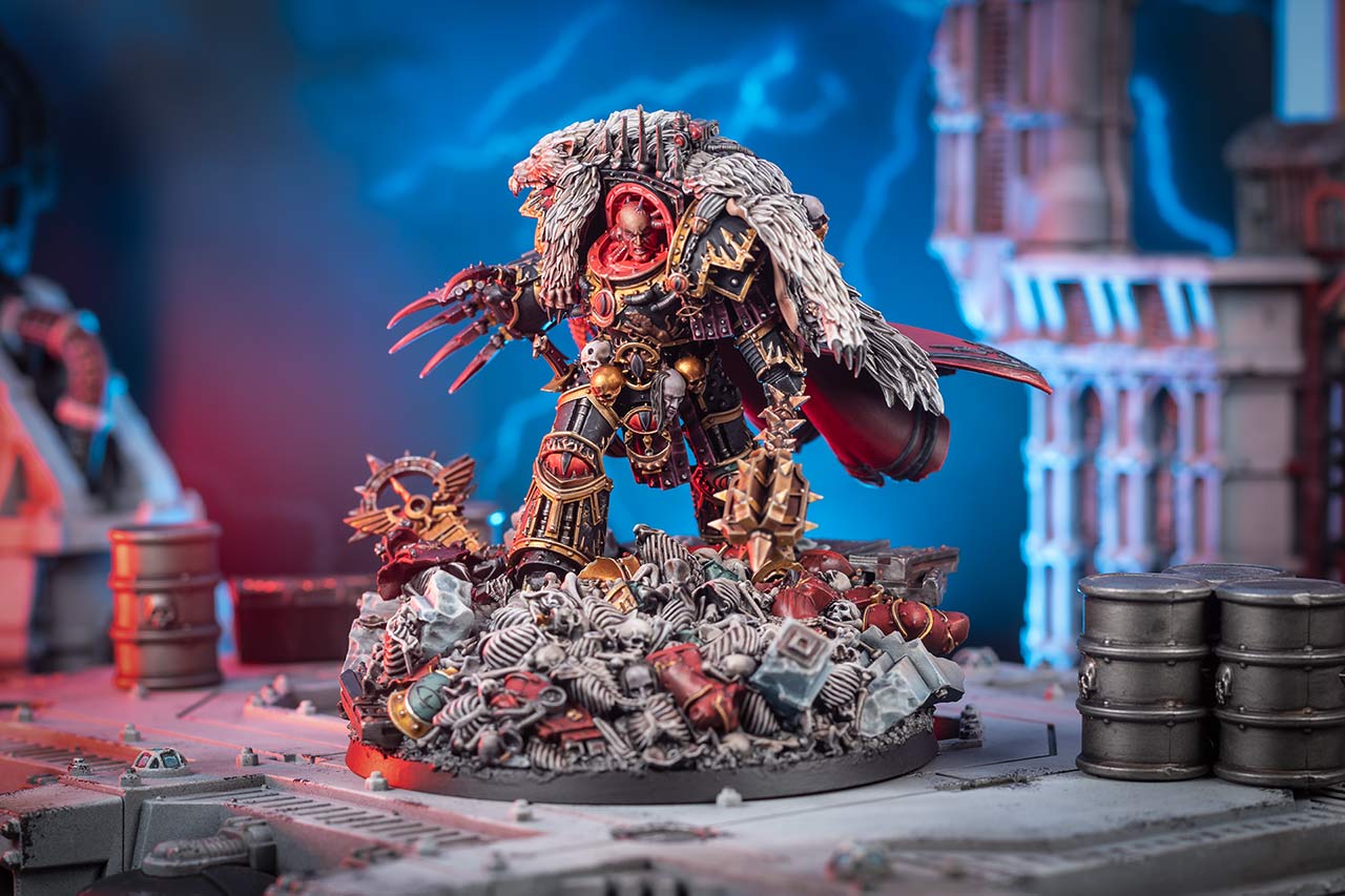 Cinematic photo of Horus Ascended model with its display base standing on a Horus Heresy era bunker, photographed in front of a dramatic blue sky